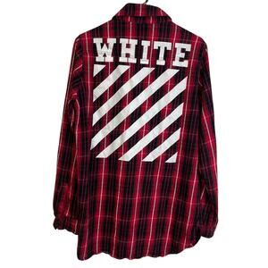 Off White Flannel Shirt Mens Size Medium Red Black Plaid Long Sleeve Graphic